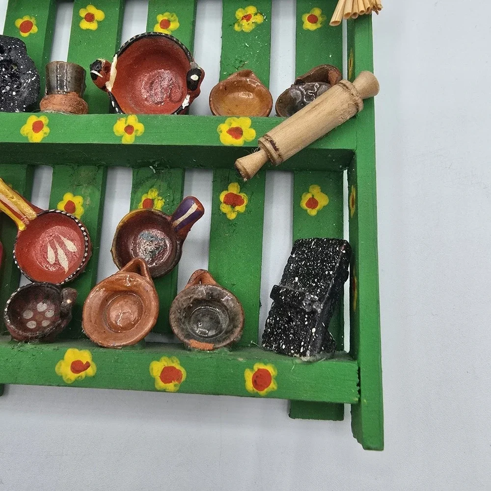 Mexican Kitchen Trastero Wall Hanging Shelf With Miniature Pots Vtg Folk Art